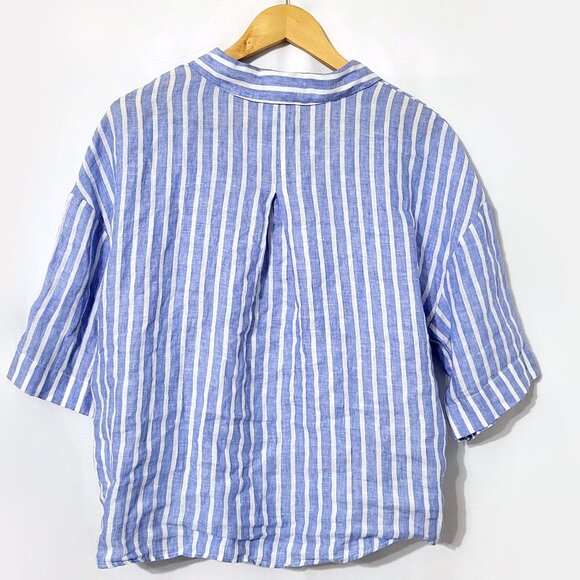 H&M Womens 100% Linen Button Down Top Size L Short Sleeve Blue Striped Coastal - Picture 5 of 11